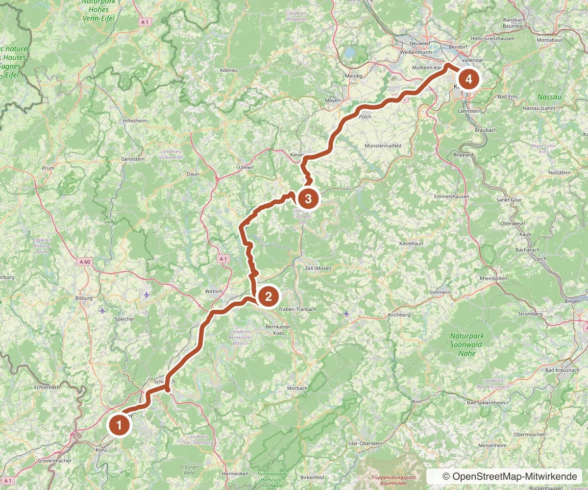 Beispielroute Mosel: Trier – Koblenz: Campingplatz Treviris, Wohnmobilstellplatz Lösnich, Campingplatz Schausten, KNAUS Campingpark Koblenz